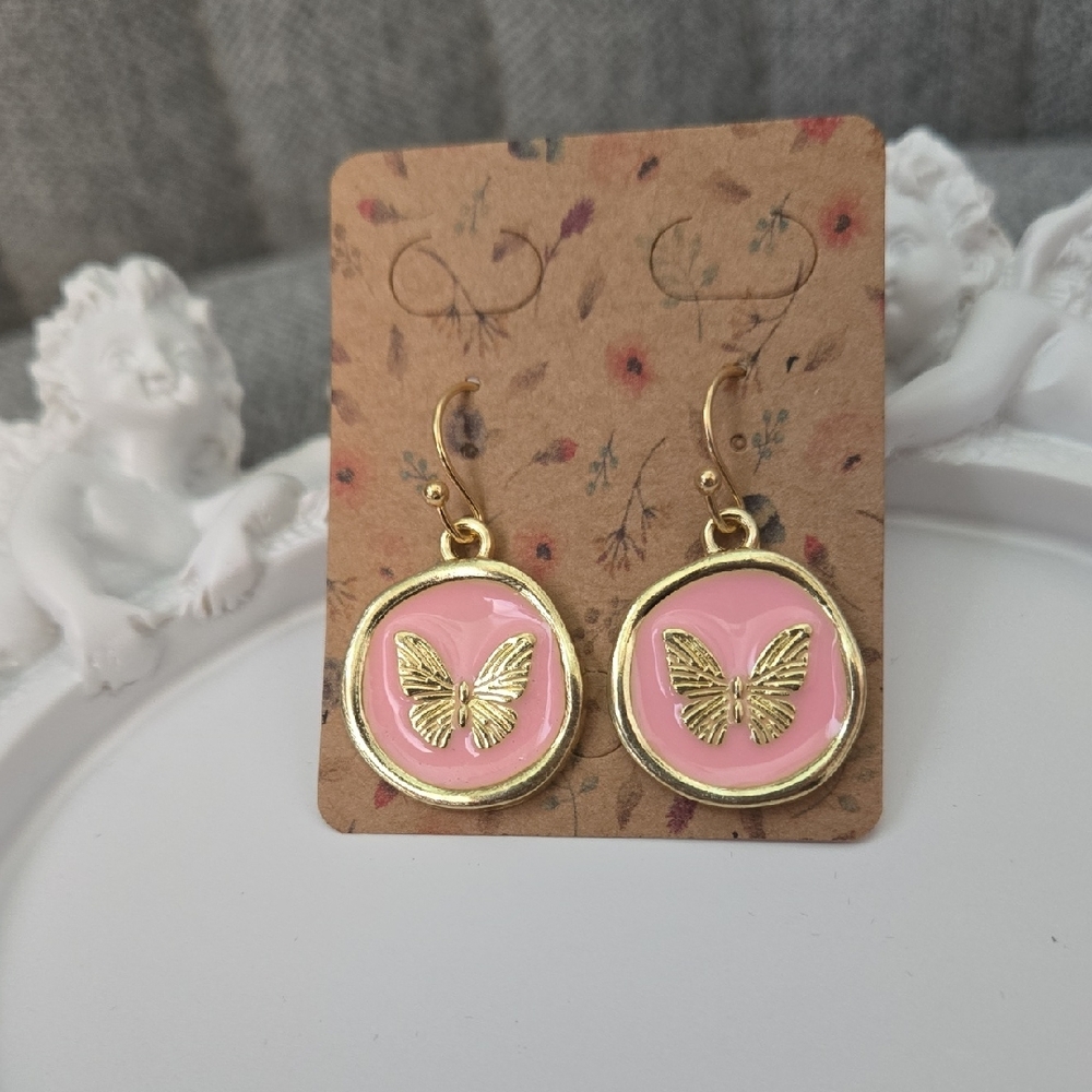 Classic Victorian Coin Style Butterfly French Hook Earrings In Baby Pink, NWT